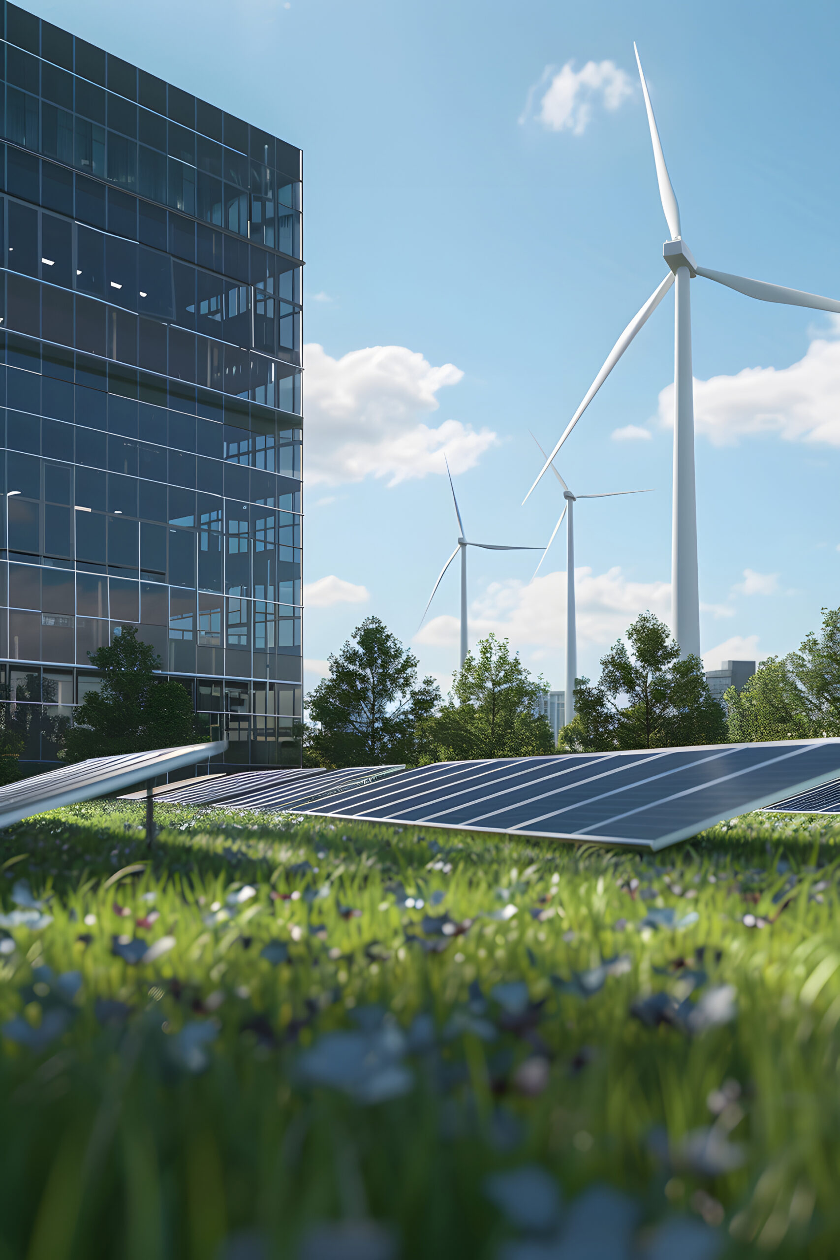 pannelli solari e pale eoliche immerse nel verde